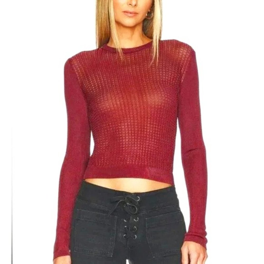 22 Free People Sweater Medium H20 Crew Neck Top Open Knit Garnet Wine
